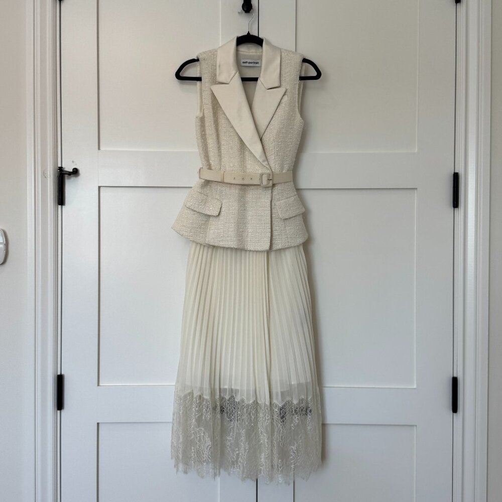 Self-Portrait Lace-Trimmed Bouclé & Chiffon Midi Dress – Size 2 - Picture 7 of 16